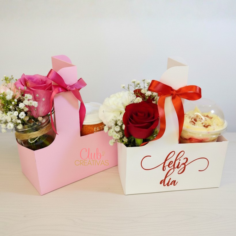 Plantilla digital caja dúo para flores, café y postre. Día madre, mujer, San Valentín